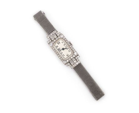 A ladies Art Deco diamond wristwatch, the plain dial with Arabic numerals and diamond-set case, manual winding, on platinum m