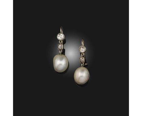A pair of natural pearl and diamond earrings, set with graduated old-cut diamonds suspending natural pearls in platinum and g