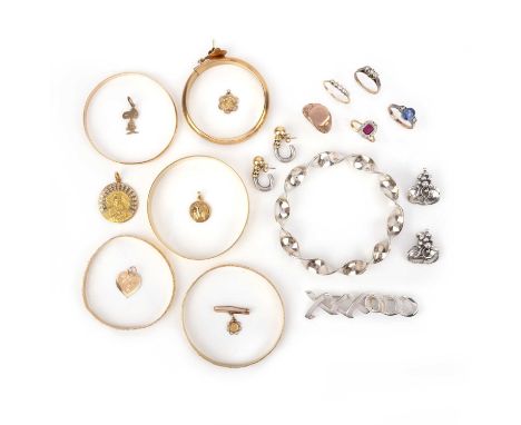 A mixed group of jewellery, including five gold bangles, a pair of Georg Jensen silver earrings, a Paloma Picasso silver broo