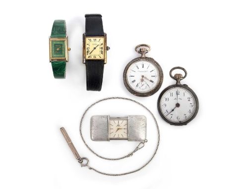 A group of watches and accessories, comprising: a Movado travel watch, gold chain and silver toothpick, the watch within a sl