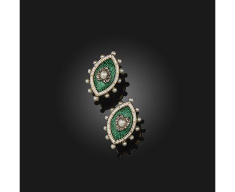 A pair of enamel, pearl and diamond earrings, early 20th century and later, each of navette-shaped outline, each applied with