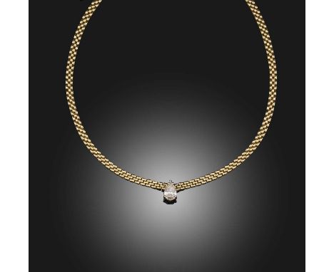 A diamond necklace, designed as a gold chain composed of brick linking, centring on a pear-shaped diamond pendant weighing ap