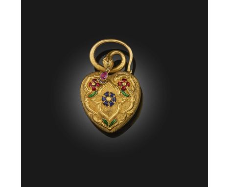 A gold, enamel, ruby and diamond pendant, mid 19th century, designed as a heart-shaped gold padlock stamped with foliate desi