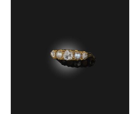 A pearl and diamond ring, late 19th century, of half-hoop design, set with rose-cut diamonds and half pearls, mounted in gold