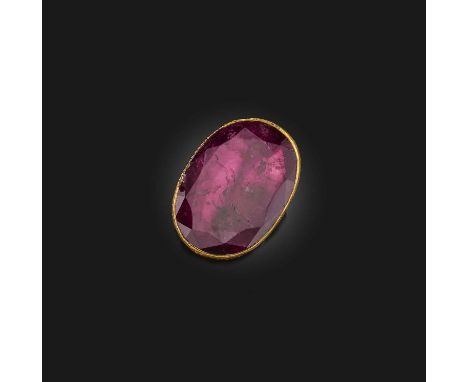 A pink tourmaline, enamel and diamond ring, India, set with a shallow oval pink tourmaline in a foil-backed setting, the moun