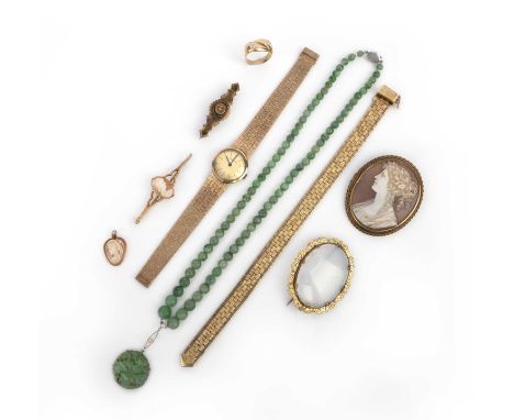 A group of jewels including a watch by Beuche Girod, comprising: a 9ct gold lady's watch by Beuche Girod, case width 2.2cm, B