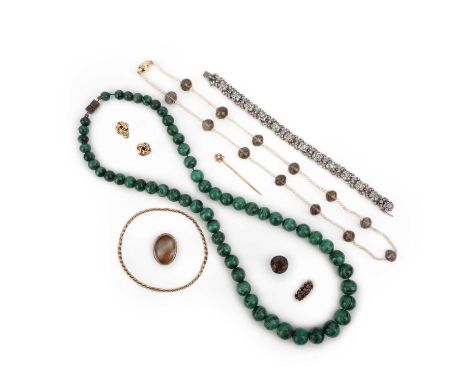 A group of jewels, comprising: a malachite bead necklace; a gold and seed pearl stick pin, length 4.8cm, pearls untested, fit