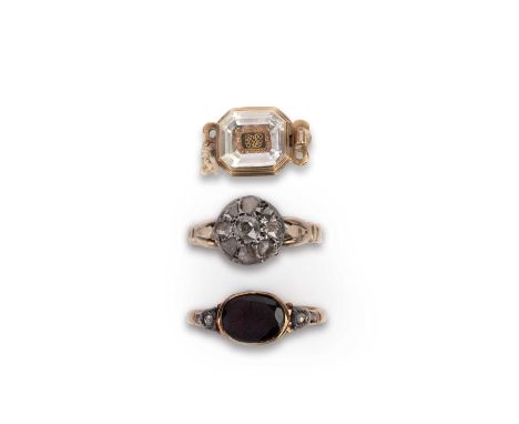 Two gem-set rings, early 19th century, and a 'Stuart crystal' clasp, late 17th century, comprising: a ring set with a flat ov