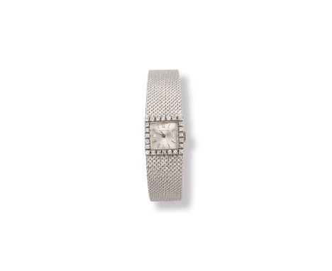 Longines, a lady's white gold and diamond wristwatch, mid 20th century, the square silvered dial with baton indicators, withi