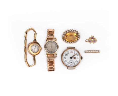 A collection of gold jewels, comprising: a lady's gold watch by LeCoultre, numbered 28968, winder deficient, Swiss assay mark