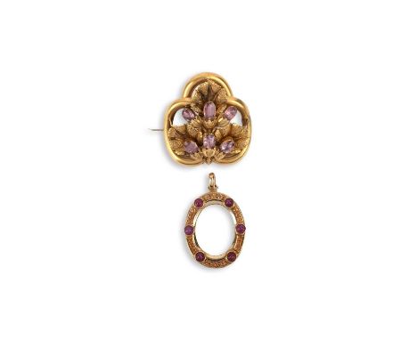 A ruby and citrine pendant and a Victorian mid 19th century rock crystal brooch, the pendant of oval design, set with cabocho