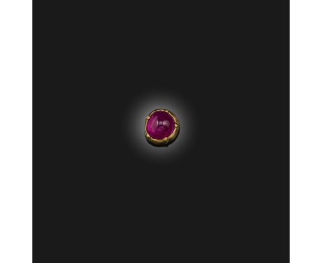 A ruby cabochon in gold collet, 1.6g totalA verbal report from GCS states that the ruby shows no signs of heating. Origin: Bu