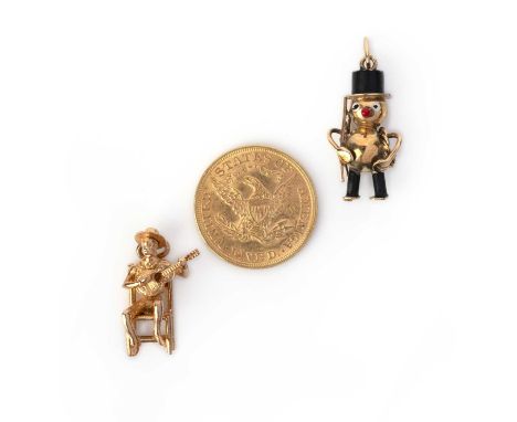 Two gold charms and a gold coin, comprising: an American gold Liberty head five dollar coin, dated 1897, gross weight 8 grams