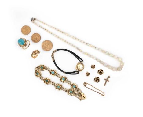 A collection of jewels, comprising: an opal and rock crystal bead necklace, with a diamond cluster clasp, early 20th century,
