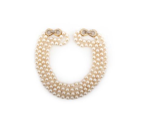 Vourakis, a cultured pearl and diamond necklace, designed as a double row of cultured pearls, connected at each side by geome