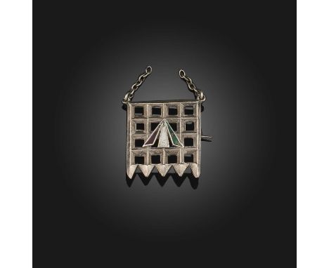 A rare enamel and silver suffragette 'Holloway Prison' brooch, circa 1909, designed as the portcullis gate of the House of Co