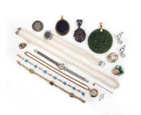 A collection of jewellery, comprising: a gold ring set with an articulated fringe of turquoise beads, size H, stamped 750, ma