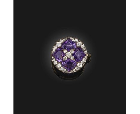 An amethyst and diamond ring, early 20th century and later, designed as a cluster of circular outline, set with four fancy-cu