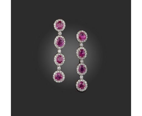 A pair of ruby and diamond drop earrings, the four oval ruby and diamond clusters joined with single diamond on articulated l
