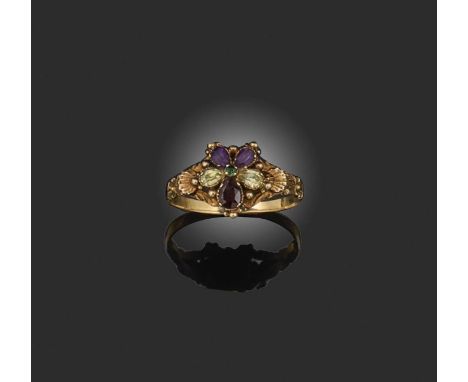 A late Georgian gem-set ring, 1830s, designed as a pansy, its petals set with pear-shaped amethysts, garnets and chrysoberyls