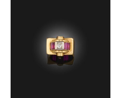 A diamond and synthetic ruby cocktail ring, 1940s, of Odeonesque design, set with a circular-cut diamond weighing approximate