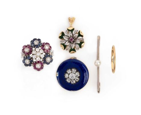 A collection of jewels, comprising: an articulated cluster ring set with circular-cut rubies and sapphires and brilliant-cut 