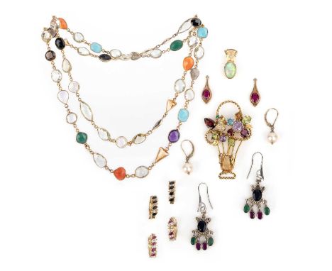 A collection of gem-set jewellery, comprising: a giardinetto brooch set with various gemstones including garnets, peridots, a
