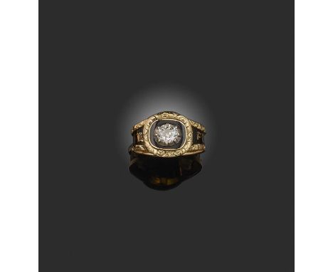 A diamond-set black enamel mourning ring, set with a central old oval-shaped diamond within black enamel border and black ban