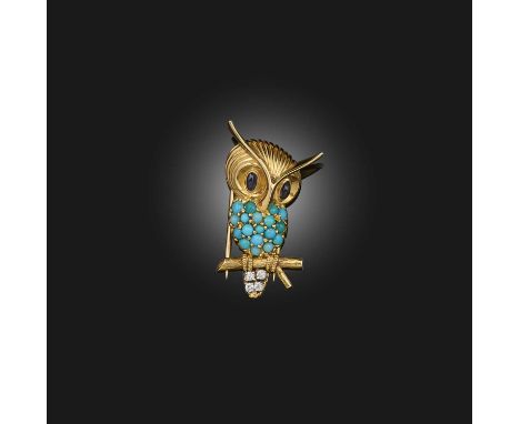 Cartier, a turquoise, sapphire and diamond brooch, circa 1960, designed as an owl, its eyes set with cabochon sapphires, its 