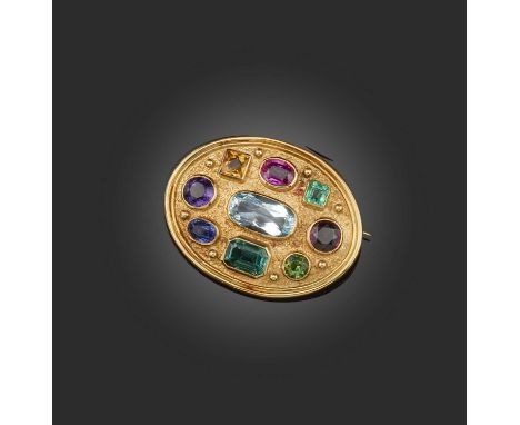 A multigem-set gold brooch, of oval form, set with a ruby, amethyst, emerald, synthetic sapphire and aquamarine in yellow gol