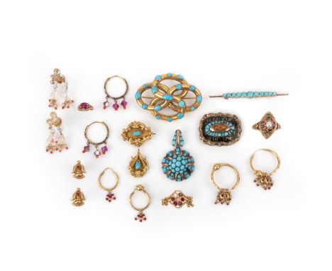 A collection of jewellery, comprising: two turquoise brooches, largest 5.9cm; two pairs of hoop earrings suspending tassels; 