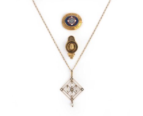 A collection of gold jewels, late 19th century, comprising: a gold brooch/pendant in the archaeological revival style, design