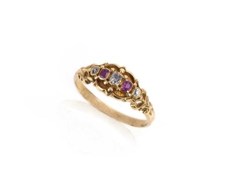 A ruby and diamond five-stone mourning ring, late 19th century, set with a sequence of cushion-shaped rubies and diamonds set
