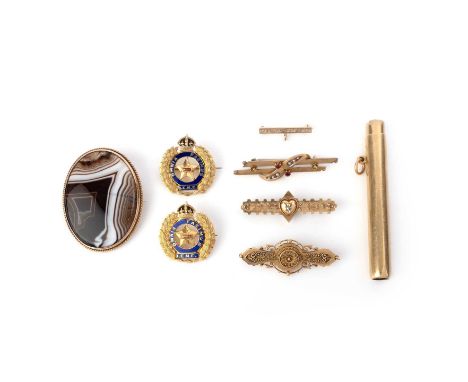 A collection of seven gold brooches and a gold propelling pencil, 19th and 20th century, comprising: four gold bar brooches, 