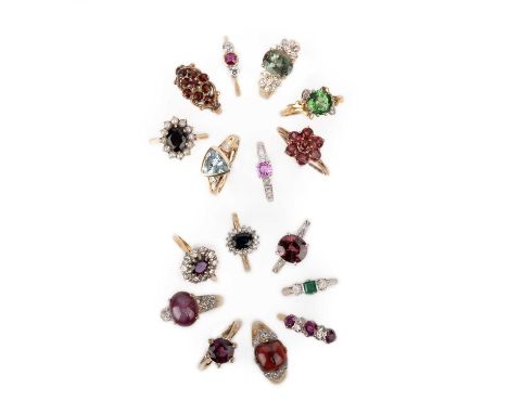 A collection of sixteen gem-set rings, comprising: a sapphire and diamond cluster ring in 9ct gold, size P1/2, British hallma