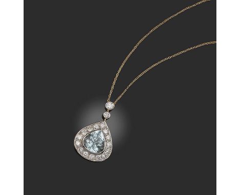 An aquamarine and diamond necklace, the pear-shaped aquamarine weighing approximately 4.00cts, within diamond surround and tw