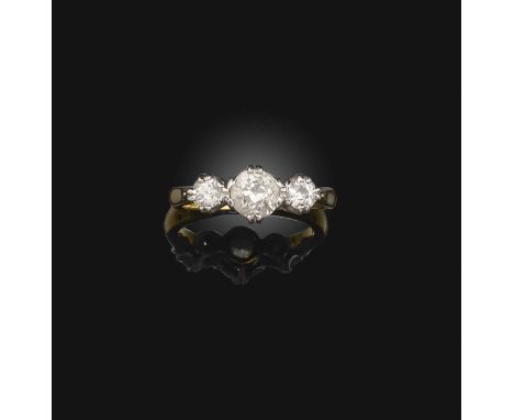 A diamond three stone ring, set with three graduated old-cut diamonds in 18ct yellow gold, hallmarks for 2000, size I