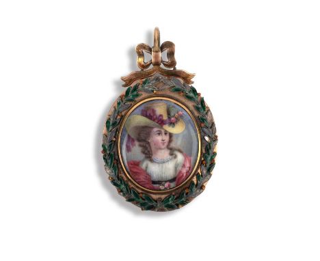 An enamel locket, possibly Switzerland, late 19th century, centring on an oval painted enamel portrait of a lady, within an e