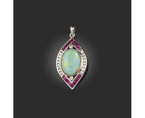 An opal, ruby and diamond pendant, set with a central solid black opal (crazed) within lozenge border of rubies and diamonds 