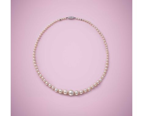 A natural pearl and diamond necklace, early 20th century, designed as a single graduated strand of natural pearls measuring 3