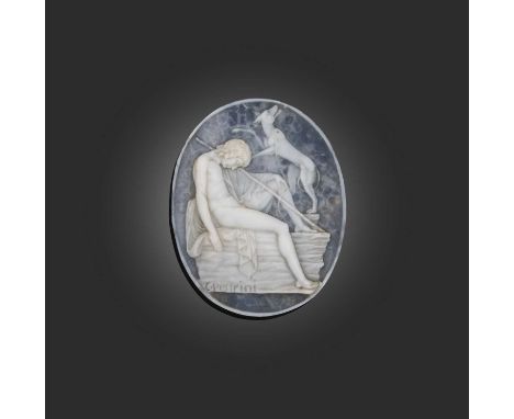 A shell cameo, depicting Endymion and his dog, backed on slate, signed C. Pestrini, white border, 4.5cm high. possibly carved