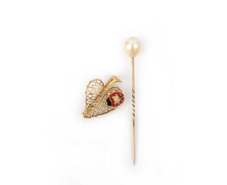 Cartier, a gold and enamel brooch, mid 20th century, and a pearl stickpin, comprising: a brooch, designed as a ladybird appli