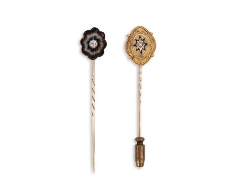 Two Victorian gold stickpins, comprising a carved banded agate scallop-shell stickpin set with a diamond in yellow gold, 7.3c