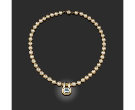 Bulgari, a cultured pearl, aquamarine and diamond necklace, designed as a single row of cultured pearls with gold spacer bead