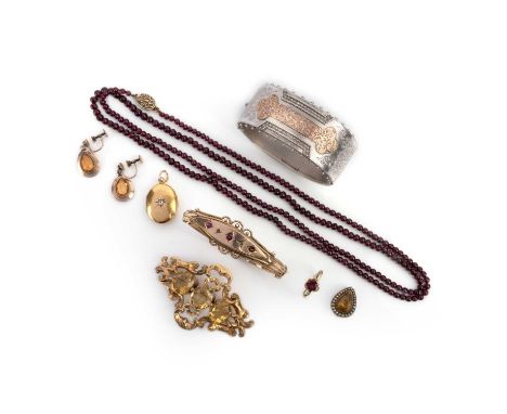 A collection of jewels, 19th and 20th century, comprising: a citrine brooch in a gold scrolled mount, length 6.7cm; a pair of