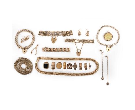 A collection of gold jewels, comprising: three 9ct gold bracelets with heart padlock clasps; two 9ct gold wedding rings; a 9c