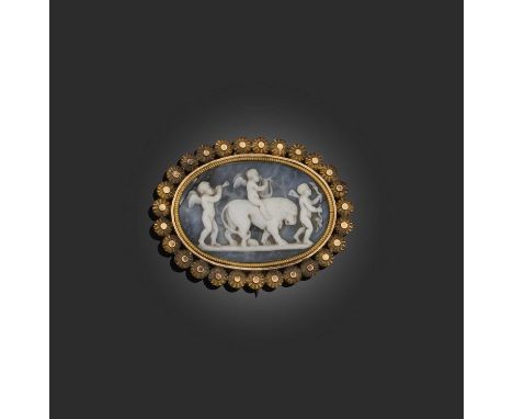 A shell cameo depicting a procession of three winged Putti, two playing instruments, the centre figure riding a lion, early 1