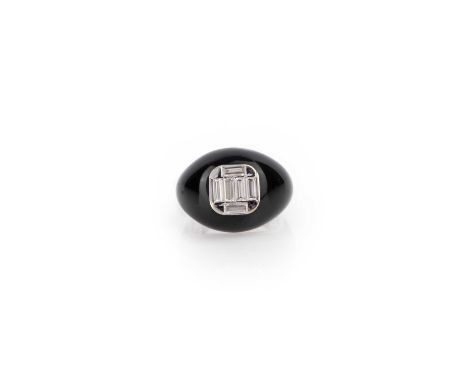 A black enamel and diamond dress ring, of bombe design, set with a cluster of baguette-shaped diamonds in 18ct white gold, to