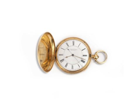 An 18ct gold key wind pocket watch chronograph by T.R. Russell, white enamel dial with black Roman numerals and signed 18 Chu