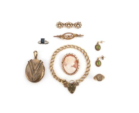 A group of jewellery, comprising, a gold bracelet with heart-shaped padlock clasp, a pair of peridot earrings and a signet ri